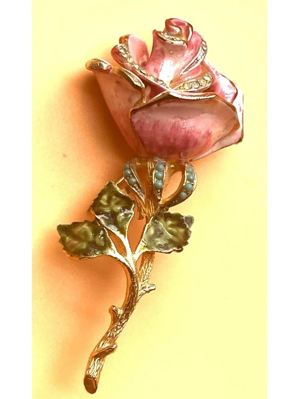 Vtg Signed Coro Enamel Rose Brooch Pink Floral Pin With Rhinestones & Gold-Tone